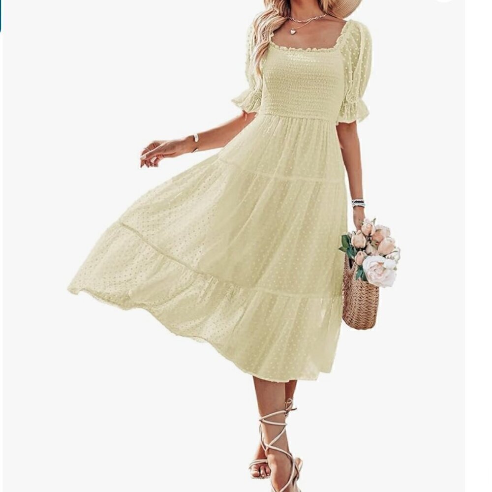 Merokeety Smocked Square Neck Midi Dress Cream Ivory Size XL NWT Cottagecore